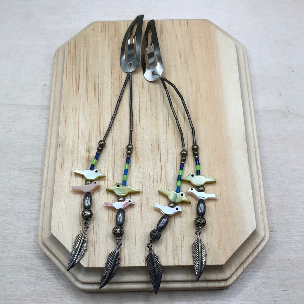 Upcycled Native American Totem Birds Long Dangle Hair Clips Lot 2 Festival Boho